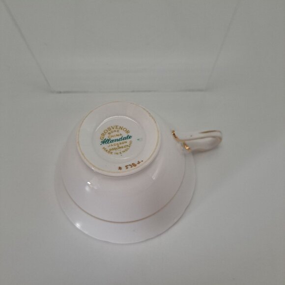 Grosvenor Allandale Bone China Teacup & Saucer Set Green Gold Trim England - Picture 9 of 12